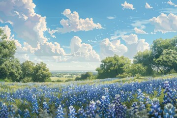 Ultra Hd Image of Texas Bluebonnets Illustration in Spring