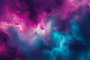 Fototapeta premium A dreamy, colorful abstract background resembling cosmic dust clouds. The swirling, celestial formations in radiant fuchsia, glowing turquoise, and deep violet create an atmospheric, space-inspired,