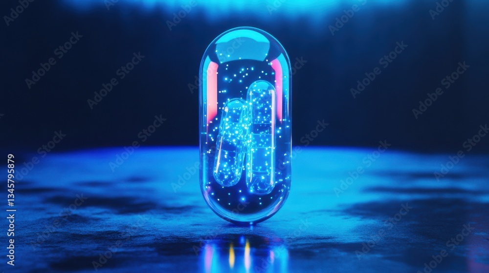 Poster futuristic capsule with glowing particles in blue and neon light creating a sci-fi atmosphere for co