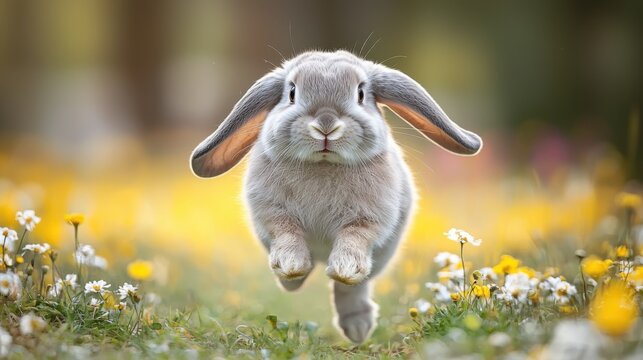 Soft gray lop-eared bunny jumps forward with its ears flowing behind in a white background
