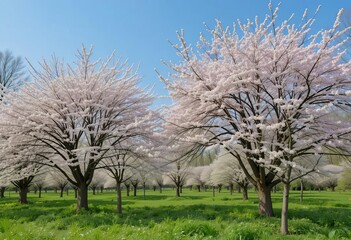 Obraz premium A colorful spring garden with blooming trees and a blue sky in the background