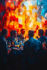 Cubist depiction of a lively gathering featuring vibrant colors and dynamic forms