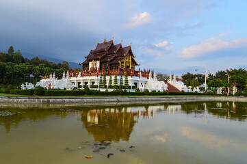 Naklejka premium Ho Kham Luang Lanna Architecture in Evening at Royal Park Rajapruek Chiang Mai, Northern Thailand