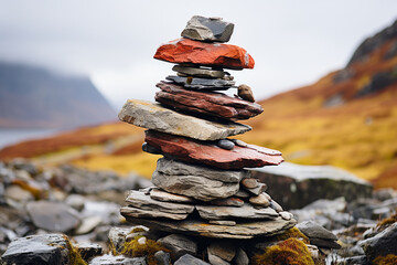 Behold, a wondrous tableau unfolds, as serene artistry of constructing a rock cairn, imbued with purpose and profound contemplation, manifests in meticulous placement of every stone