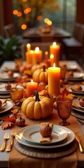 A warm and inviting autumnal scene, with pumpkins, candles, and leaves adorning a table