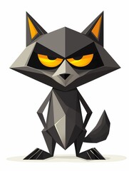 Polygonal style illustration of a raccoon in black and orange tones with menacing yellow eyes
