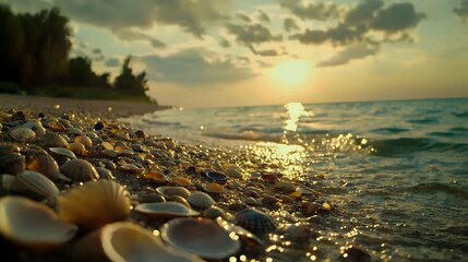 Sunset Over Beach with Colorful Shells and Gentle Ocean Waves