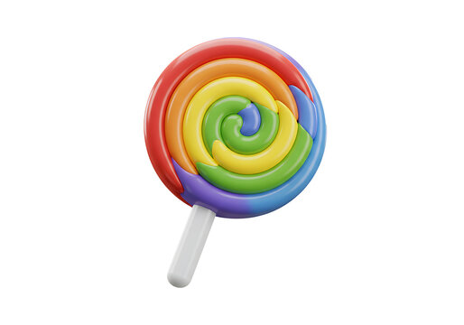 3D Spiral rainbow lollipop featuring vibrant colors and a white stick