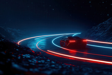 Dynamic night drive futuristic highway digital art sci-fi environment rear view motion and light effects