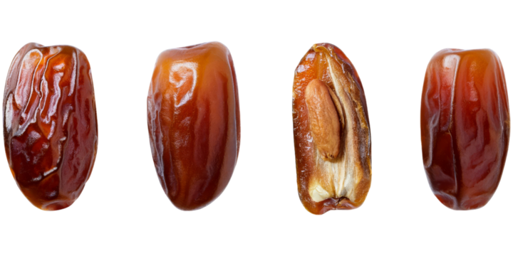 Studio shot featuring a variety of dried dates, highlighting their texture