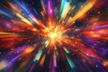 Naklejka premium A radiant, colorful abstract background resembling a digital explosion. Glowing shards of rainbow-colored light burst outward in every direction, creating an intense visual display of energy and
