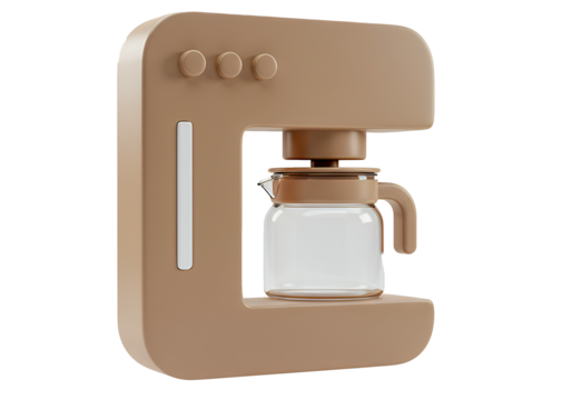 Beige 3D coffee maker with glass carafe, black handle, and minimalist design for brewing coffee