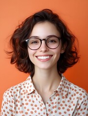 Obraz premium A vibrant and cheerful portrait of a smiling young woman with curly brown hair and stylish eyeglasses against a colorful orange background