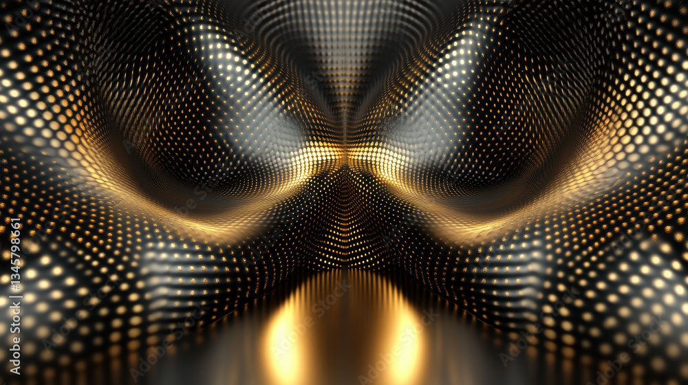 Poster abstract background of sleek digital mesh with symmetrical patterns in gold and black tones
