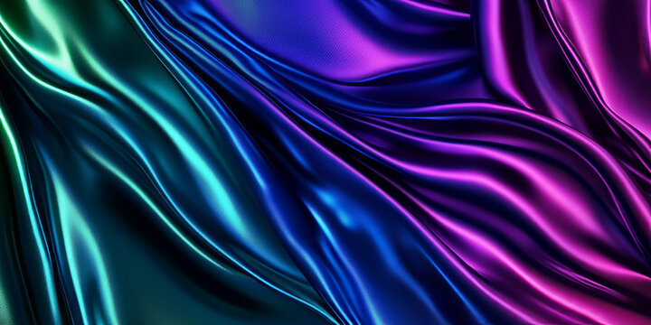 A luxurious, colorful abstract background resembling crushed velvet illuminated by shifting neon lights. Deep, rich colors such as royal blue, emerald green, and amethyst purple shimmer elegantly,