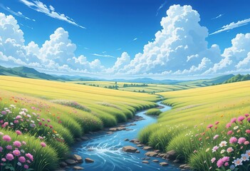 A scenic view of a field with a flowing stream and blue sky with fluffy clouds, drawn in an anime style