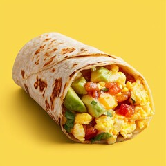 Breakfast burrito filled with eggs tomatoes and avocado on a rustic wooden table