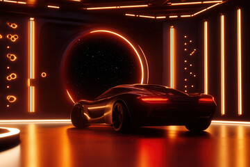 Futuristic car showcase virtual space digital art sci-fi environment low angle view innovative design