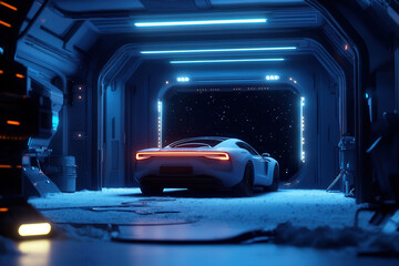 Futuristic car launch event space station 3d render high-tech environment rear view innovation in transportation