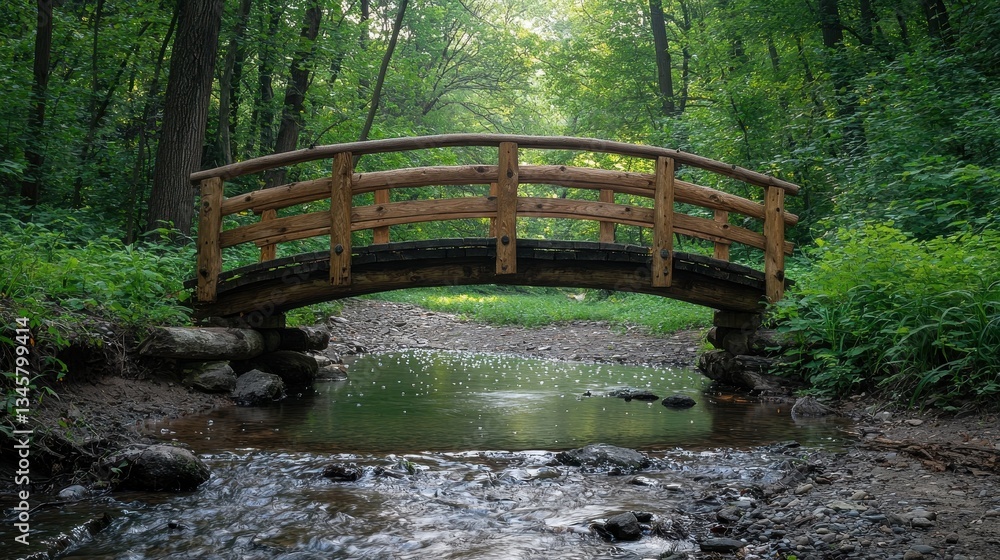 Poster a small wooden bridge spanning a flowing stream within a forest