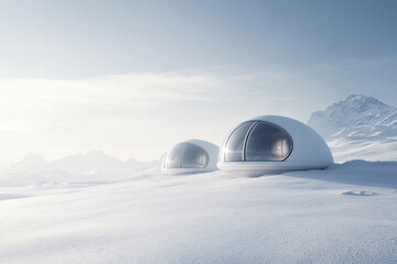Exploring futuristic snow domes remote mountain landscape digital art serene environment wide-angle view innovative design