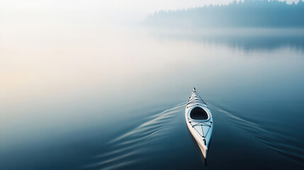 Kayaking adventure on foggy lake tranquil waters nature photography serene environment aerial perspective