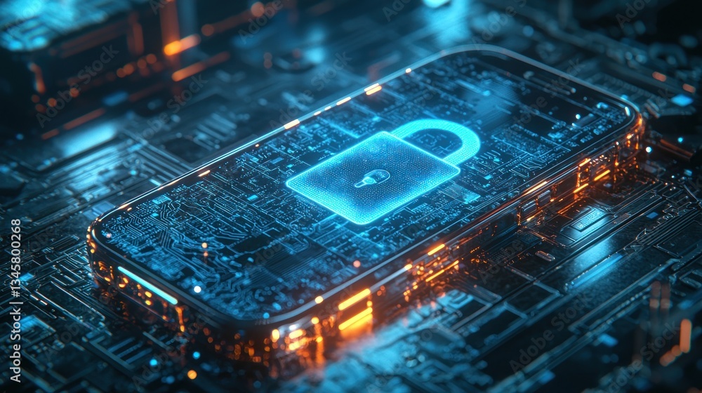 Poster illuminated smartphone displays a digital padlock for secure data protection
