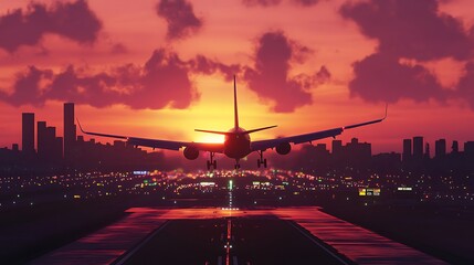 Majestic Sunset Landing: Airplane Silhouette over Cityscape