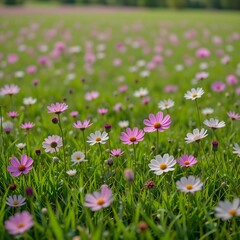 Cosmos blooming on a wide lawn