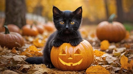 Black Kitten with Yellow Eyes Sitting on a Carved Jack-o'-Lantern Surrounded by Pumpkins and Autumn Leaves in a Woodland Setting