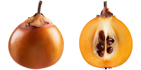 Studio shot showcasing the vibrant textures of a whole and halved loquat fruit