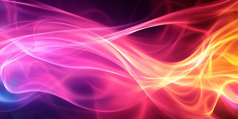 A futuristic, colorful abstract background with interwoven light ribbons. The flowing strands of bright pink, electric cyan, and deep amber twist together, forming a fluid, high-tech, and visually