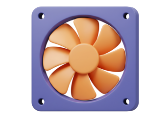 Square purple 3D computer fan with orange nine-blade design for cooling electronic devices