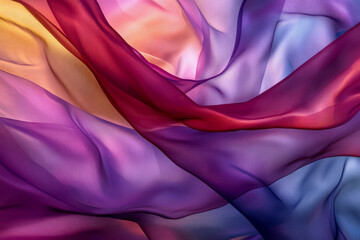 A radiant, colorful abstract background with smooth, layered silk waves. The flowing, luxurious textures in rich burgundy, glowing sapphire, and soft lilac create an elegant, artistic, and visually