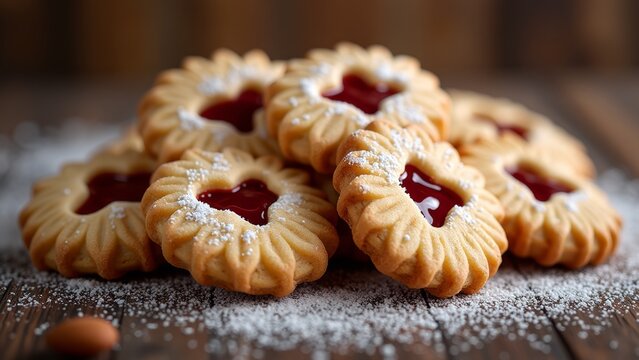 Sweet and crumbly cookies with a jam filling, typically served with tea or coffee