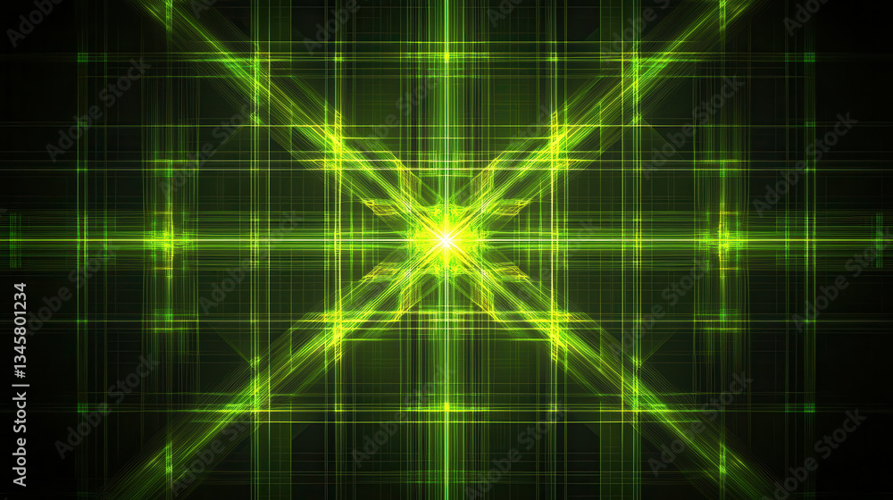 Poster abstract background of bright green fractal grid with high tech symmetry and glowing center