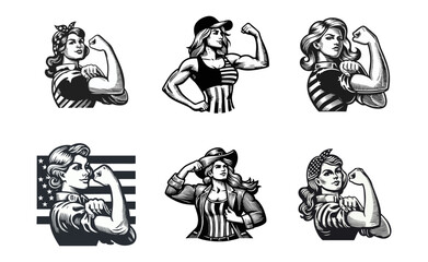 women flexing muscle engrave illustration
