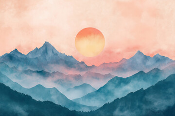 Fototapeta premium Sunrise over a magnificent mountain range with bright skies, nature landscape photos, and watercolor