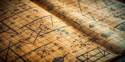 Vintage Math Symbols: Documentary Style Photo of Handwritten Equations & Geometric Shapes