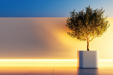 Elegant olive tree in modern pot contemporary space minimalist design bright atmosphere artistic viewpoint