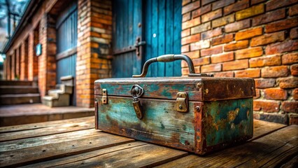 Vintage Metal Toolbox on Rustic Wooden Background - Architectural Photography