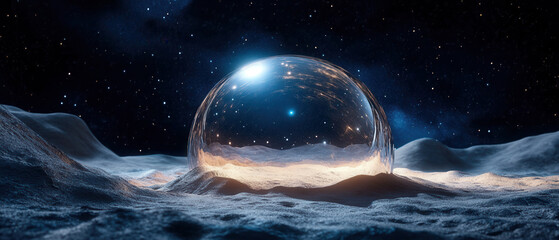 Cosmic exploration of a glass dome on lunar surface science fiction space dreamlike aesthetic perspective