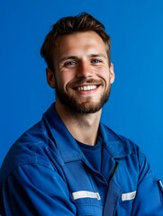 Obraz premium Cheerful and friendly portrait of a young male mechanic in a blue uniform standing against a vibrant blue studio background with a confident approachable expression