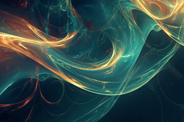 Fototapeta premium A mesmerizing, colorful abstract background with endless, layered waveforms. The fluid, undulating lines in bright turquoise, deep crimson, and glowing gold create a rhythmic, futuristic, and visually