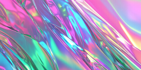 Fototapeta premium A futuristic, colorful abstract background featuring holographic surfaces. The shifting, iridescent reflections in neon green, bright pink, and metallic blue create a high-tech, cybernetic, and