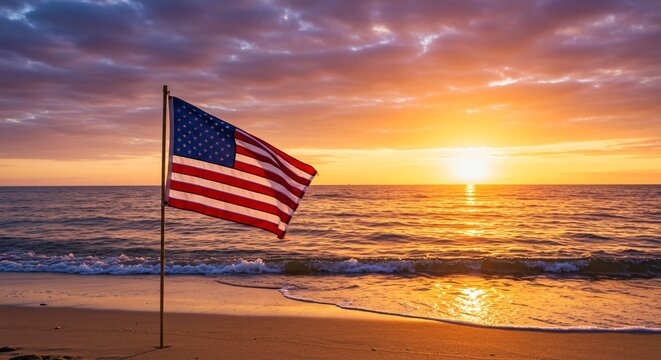 American flag waving on beach at golden sunset. Patriotic symbol of freedom, national unity and Memorial Day remembrance for web banner or advertisement with inspiring concept