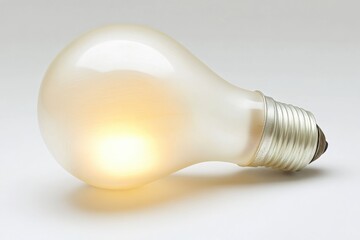 Glowing incandescent light bulb on white background, emitting warm light.