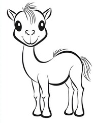 Camel Cub in Cartoon:A charming and adorable illustration of a baby camel in black and white, the camel standing with a friendly expression, making it perfect for children's content.