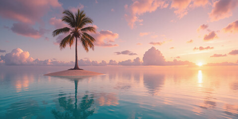 Fototapeta premium Tropical island with a single palm tree at sunset for paradise and relaxation visuals. A small tropical island features a single palm tree