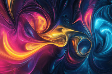 Obraz premium A vibrant, colorful abstract background featuring endless, fluid fractal patterns. The intricate, swirling shapes in neon cyan, deep crimson, and golden yellow create a futuristic, complex, and